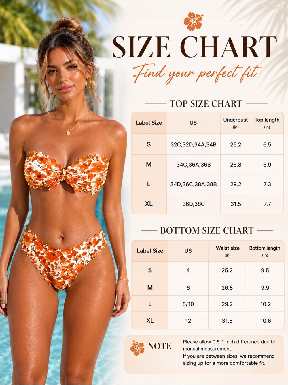 Orange Floral Scallop Trim Bandeau High Waisted Bikini Set - Picture 7 of 7